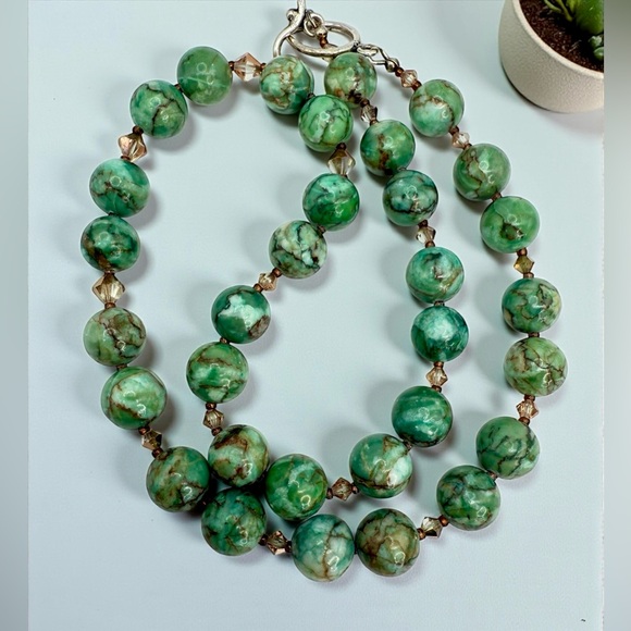 African Turquoise Jasper & Crystal Beaded Necklace w/ Silver Toggle Clasp 20” - Picture 15 of 17